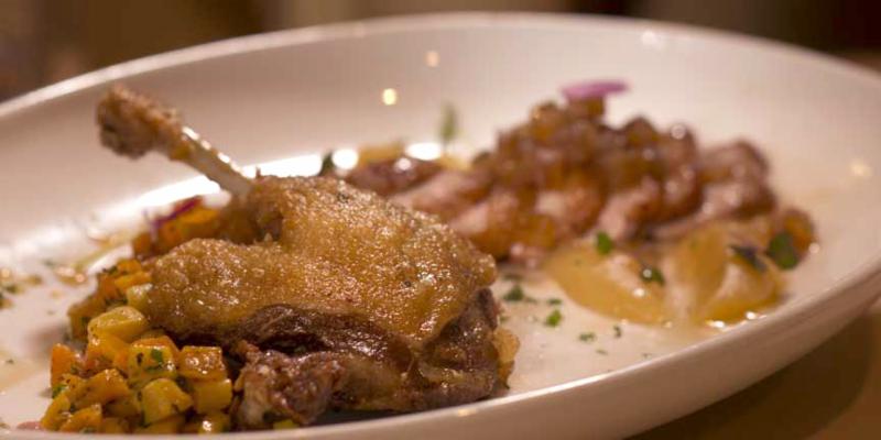 Joyce Farms Duck Two ways crispy duck confit leg quarter and butternut squash hash_ seared duck breast_ Granny Smith apple gastrique_ maple brown buttered apples at Mattison_s Forty-One