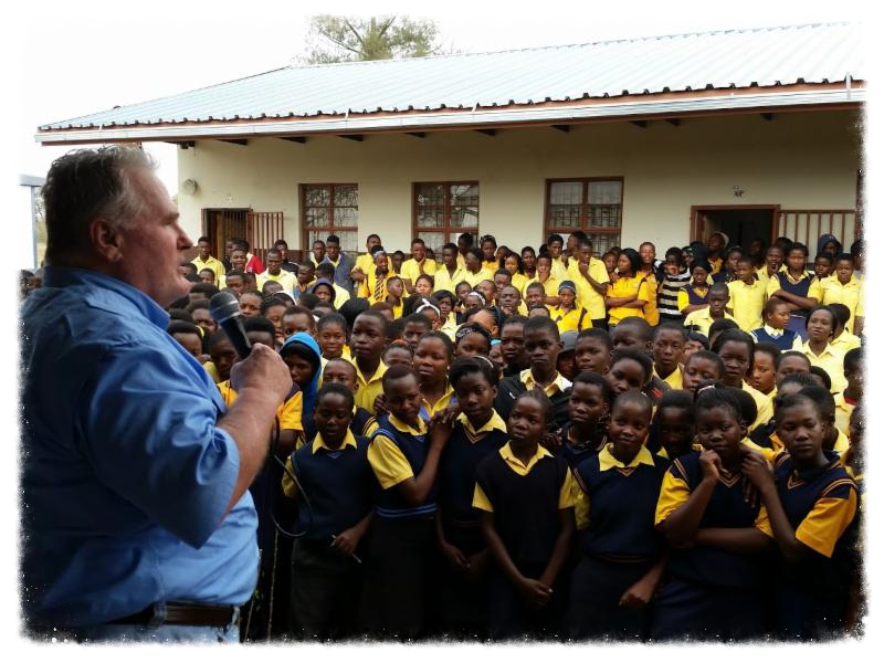 David Stockwell preaching the Gospel to students in Sekororo, South Africa, August 2015.