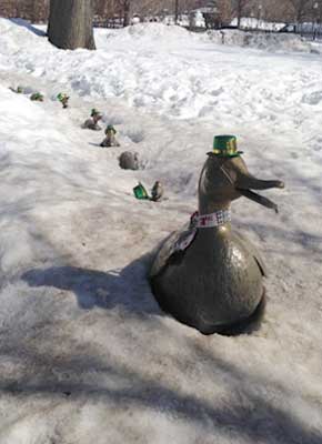 Make Way for Ducklings sculpture in snow