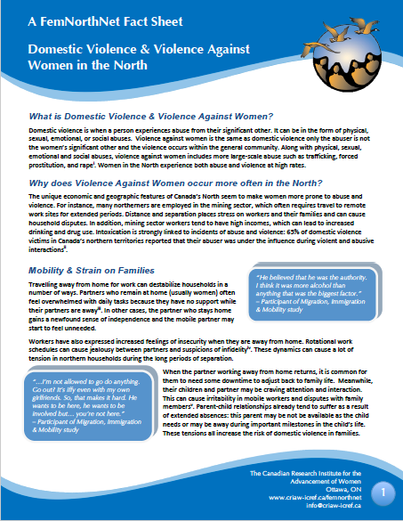 Thumbnail image of front page of fact sheet about violence against women in the North.