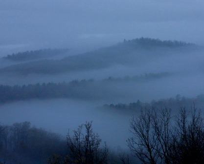 Thick mist shrouding the Blue Ridge Mountains