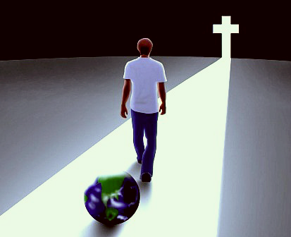 Image of a man walking away from a globe and toward the Cross