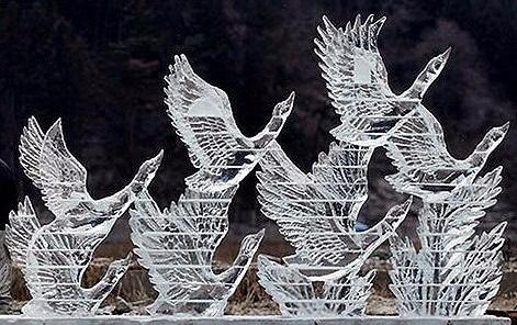 Ice sculpture of geese taking flight