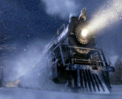 A steam locomotive on a snow-covered street