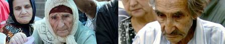 One picture of an old woman, another of an old man, both desperate