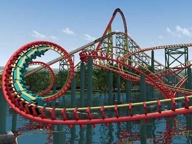 Twisting roller coaster with rises and falls