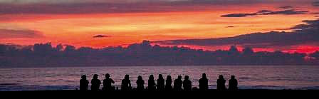 A line pf people looking out over the water to a darkening sunset