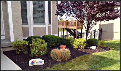 Dark brown mulch enhances the front entrance of this home adding to its curb appeal