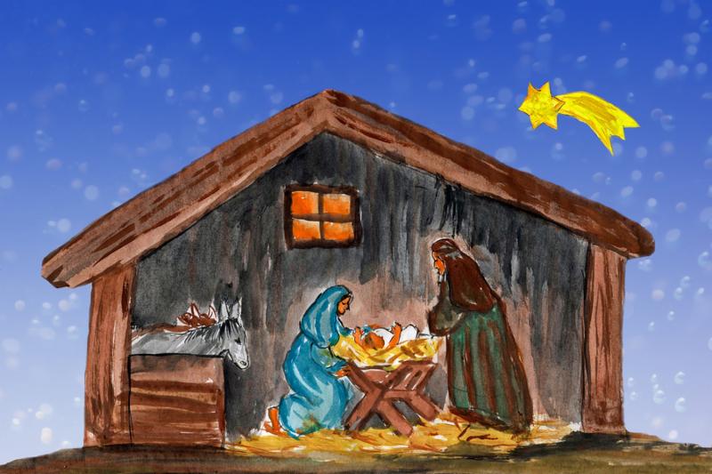 Nightly christmas scenery  mary and joseph in a manger with baby Jesus in the crib watercolor painting