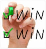 Hand putting check mark with green marker on Win Win.