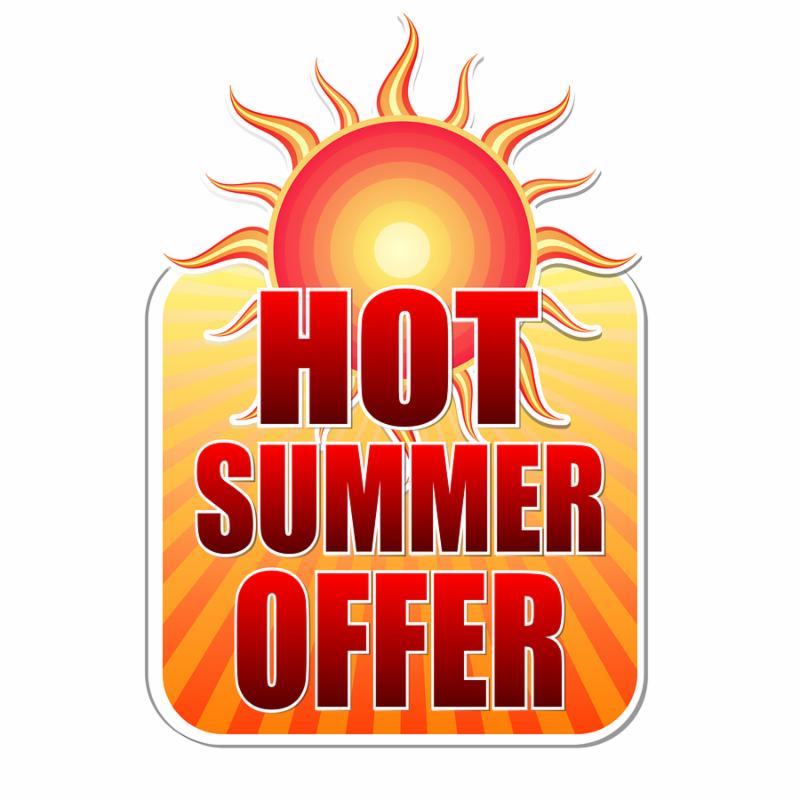hot summer offer banner - text in yellow label with red sun and orange sunrays business concept
