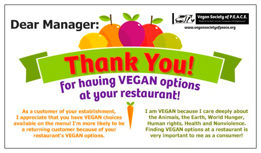 Vegan Society of PEACE restaurant card