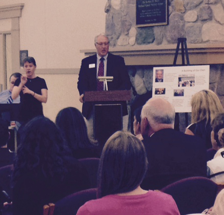 David Emmel presents to guests