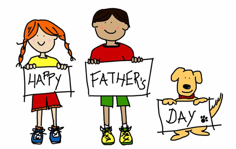 Large childlike cartoon characters  colorful line drawings of boy and girl kids and their dog holding up HAPPY FATHER S DAY poster board
