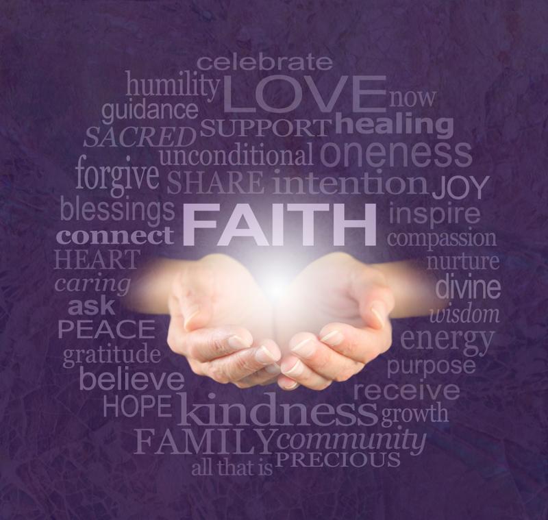 Female cupped hands with the word  FAITH  floating above surrounded by a cloud of words related to faith on a purple crackle background