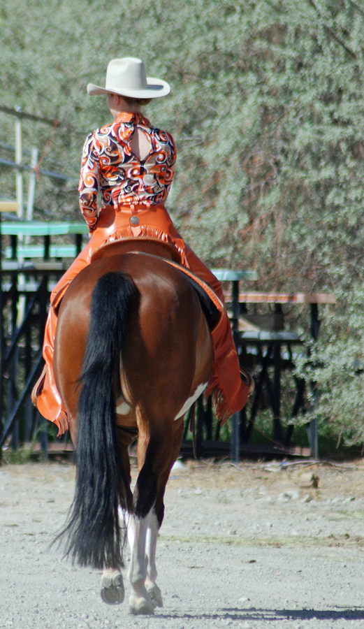 Western equestrian in show attire warming up her horse.