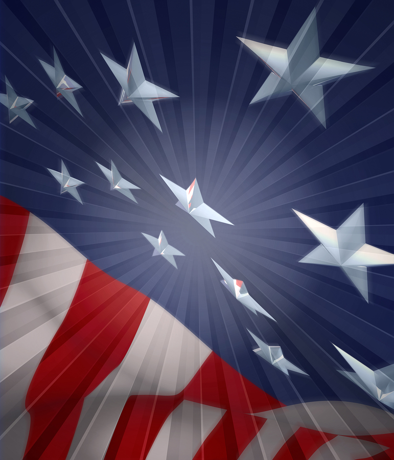 3D American flag with bursting ray of light