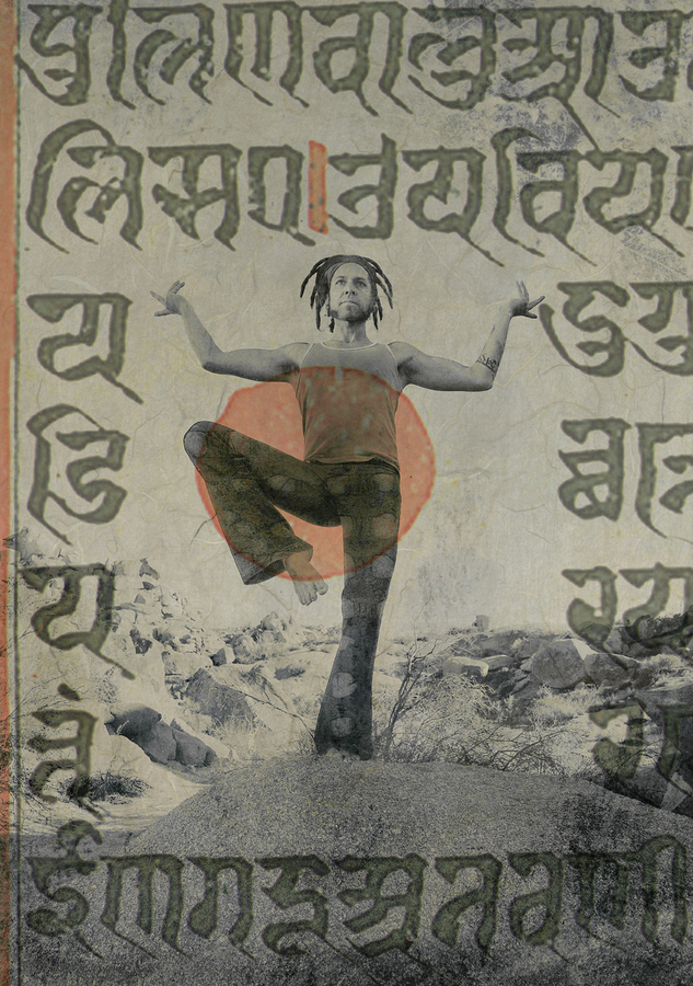 Yogi Shiva dancer with ancient sacred Sanskrit writings overlaid.