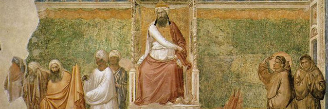 Scenes from the Life of Saint Francis: Trial by Fire of St. Francis of Assisi before the Sultan of Egypt (fresco detail), c. 1320, Giotto di Bondone, Santa Croce, Florence, Italy.