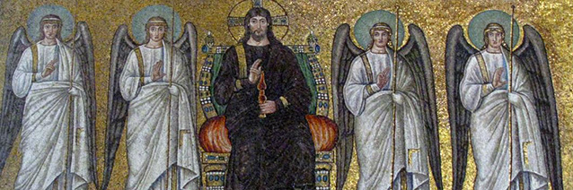 Christ surrounded by angels and saints (detail). Mosaic of a Ravennate italian-byzantine workshop, completed within 526 AD by the so-called 