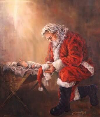 Santa kneeling at the feet of Jesus