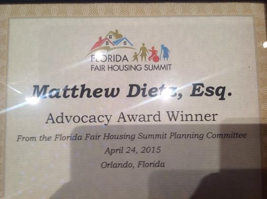 Matthew Dietz' Advocacy Award from the Florida Fair Housing Summit