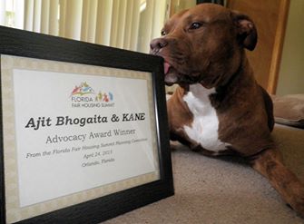 KANE, the pitbull, licks the Advocacy award that he and Ajit Bhogaita were given at the 2015 Florida Fair Housing Summit