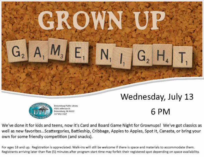 grownup game night july 13 6pm