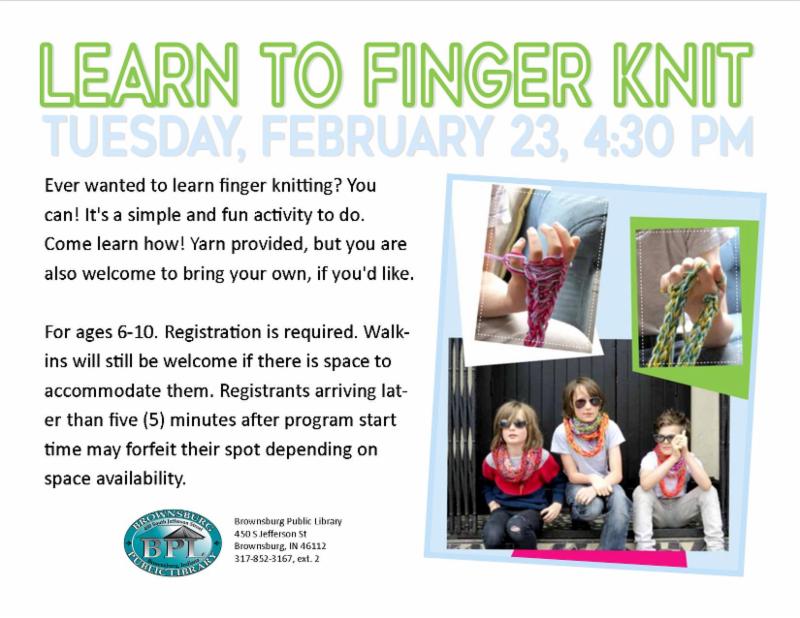 Learn to finger knit tuesday february 23 4_30 pm