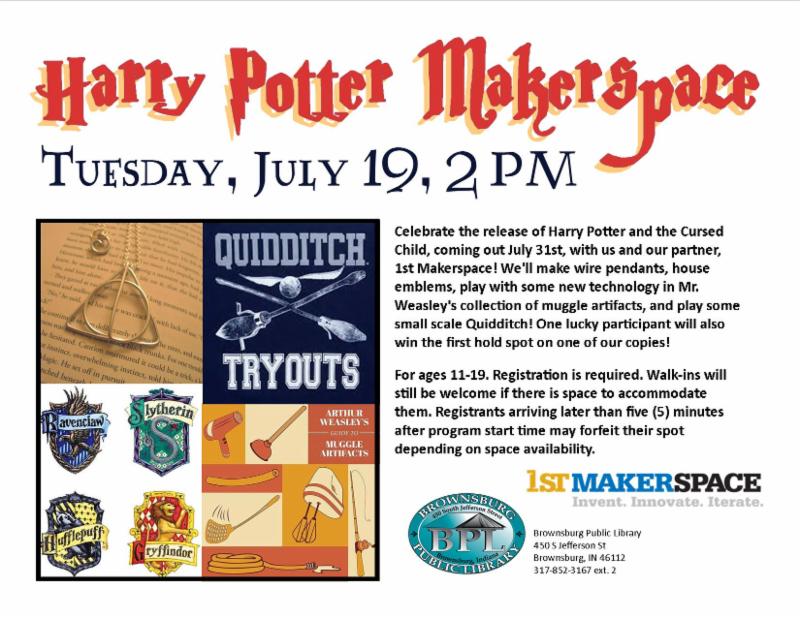 Harry Potter makerspace Tuesday July 19 2 pm