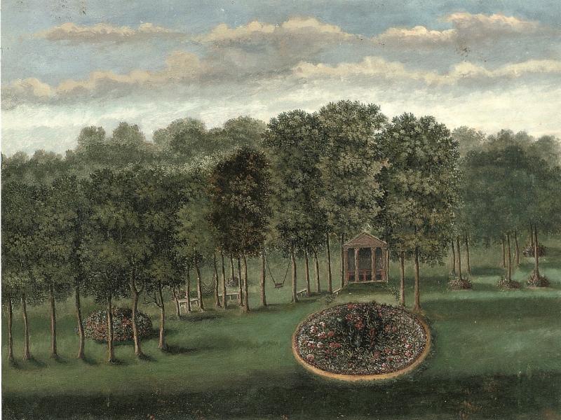 An illustration shows the Temple Flower Garden of Richard Bateman's Grove House, Old Windsor, Berkshire, in the 1730s. Private Collection.