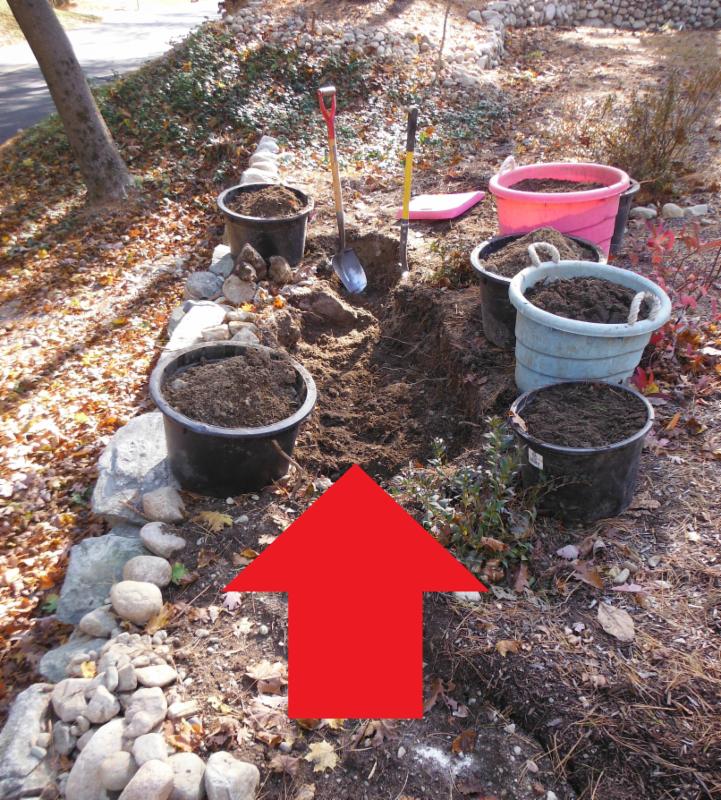 This 8-foot long trench along the retaining wall took 3 hours to dig and yielded 3 cairns of rocks