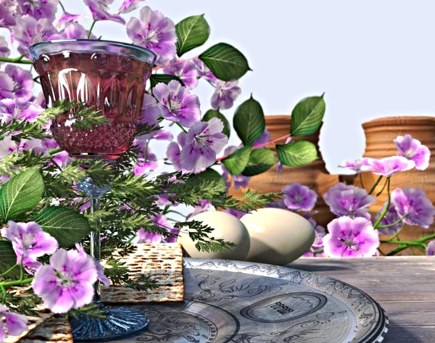 Jewish celebrate pesach passover with eggs, matzo and flowers on nature background     Note  Shallow depth of field