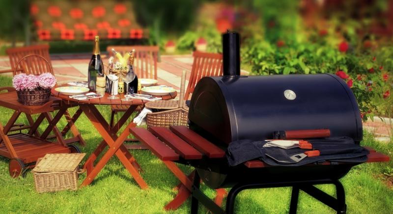 Summer BBQ Party or Picnic in backyard on lawn. Tilt-shift effect in background.