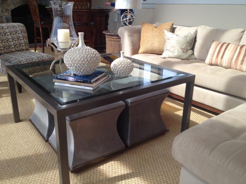 Customized Charleston Forge table and Wesley Hall ottomans