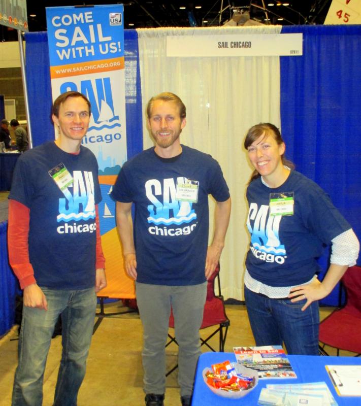 David Merrill, Stuart Jessup, and Maria Frank ready for visitors at the Sail Chicago booth, 2016 Strictly Sail Chicago Show