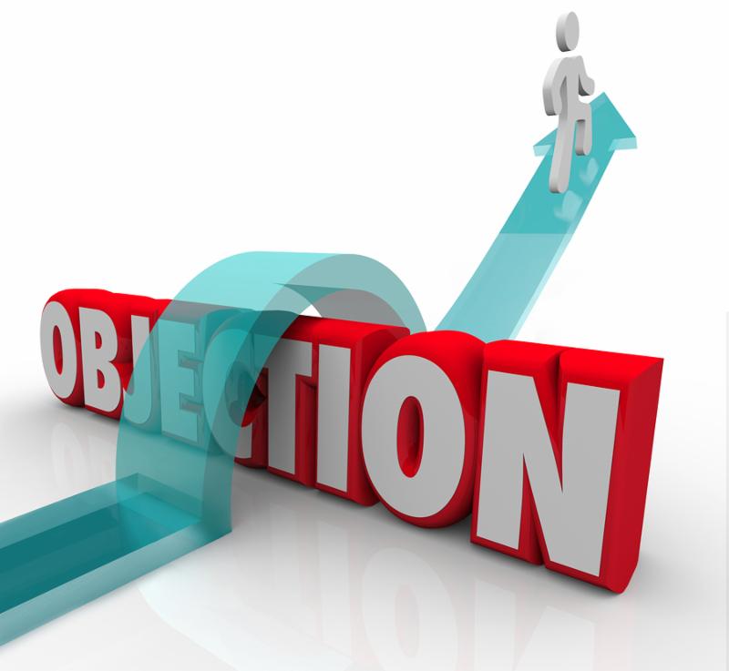 Objection word in 3d letters and a man jumping over it on an arrow to illustrate overcoming a challenge, rejection or disapproval
