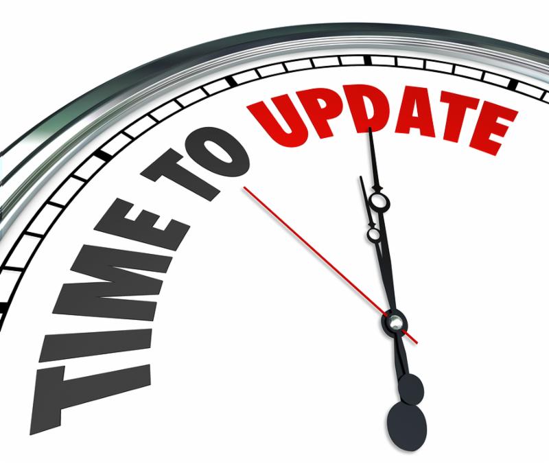 The words Time to Update on a clock to illustrate the need to improve, renovate, renew or revitalize in a home or building or in software, programs or apps that need the latest code