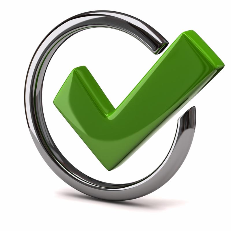 Green tick sign in silver circle, 3d icon on white background with shadow.