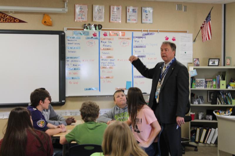 Mayor Mahoney speaking to a West Fargo class