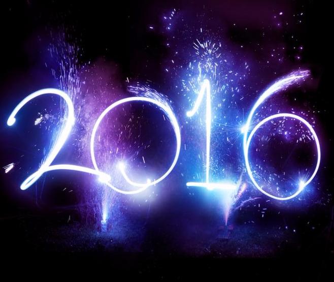 2016 Fireworks party - Happy New Year Display celebrations 2016 written in lights trails and fireworks.