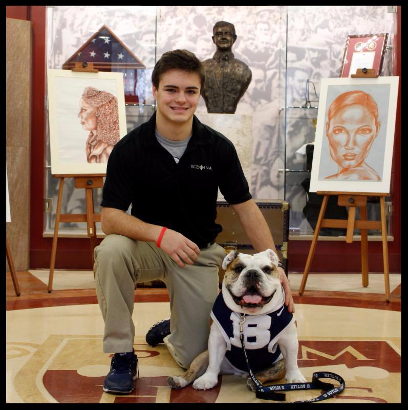 Drew Tucker with Butler mascot Blue