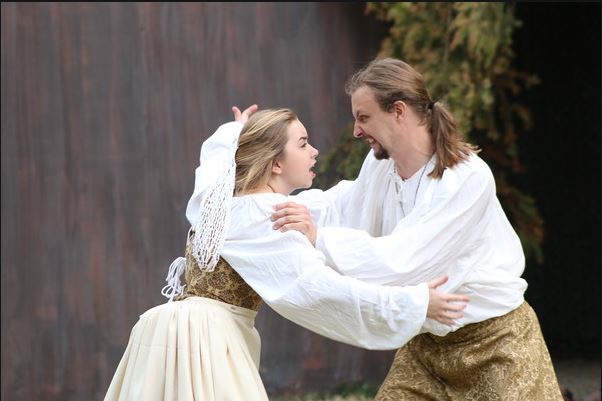 Passion and fury! Kat Zommers as Hermia with Aaron Moore as Lysander. Photo: Kim Scott-Olson.