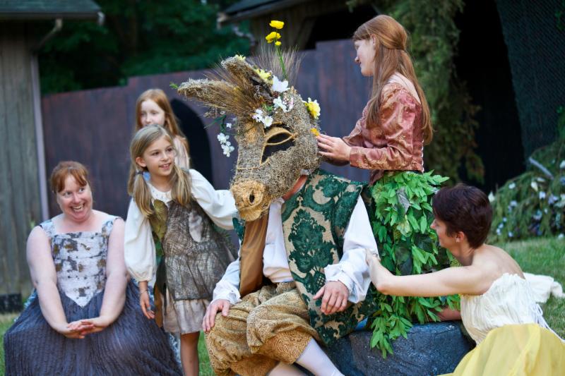 A MIDSUMMER NIGHT'S DREAM opens July 9 at The Bloedel Reserve - Kristi Ann Jacobson as a gleeful Titania with Evelyn Cantwell as Faerie Dewdrop and Gary Fetterplace as the transformed Ass. Photo: Jennifer Crooks.