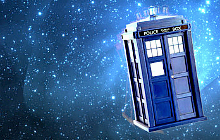 TARDIS in star-filled sky