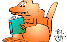 Cartoon of dinosaur reading by Phil Yeh