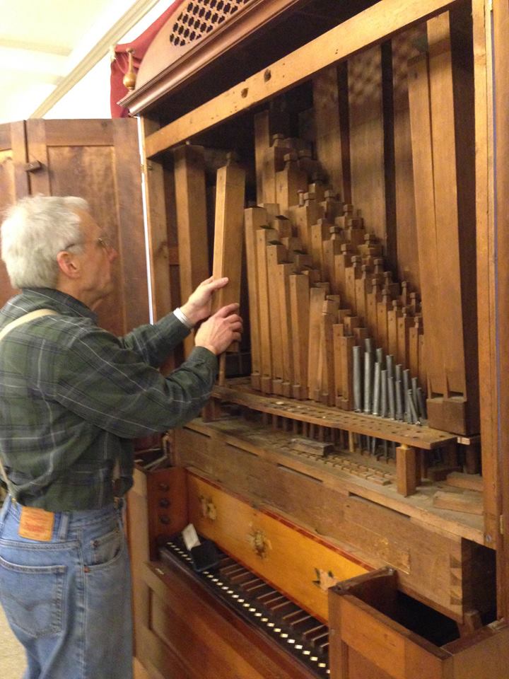 After Memorial Hall's Music Room renovations, the doors of the chamber organ made by Henry Pratt of Winchester, NH in 1820 will be left open, thanks to Van Wood's new acrylic barrier.
