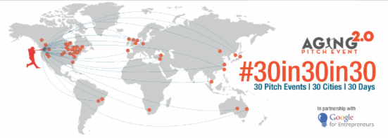 Aging 2.0 logo with all the event sites around the world