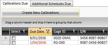 Calibrations Due tab