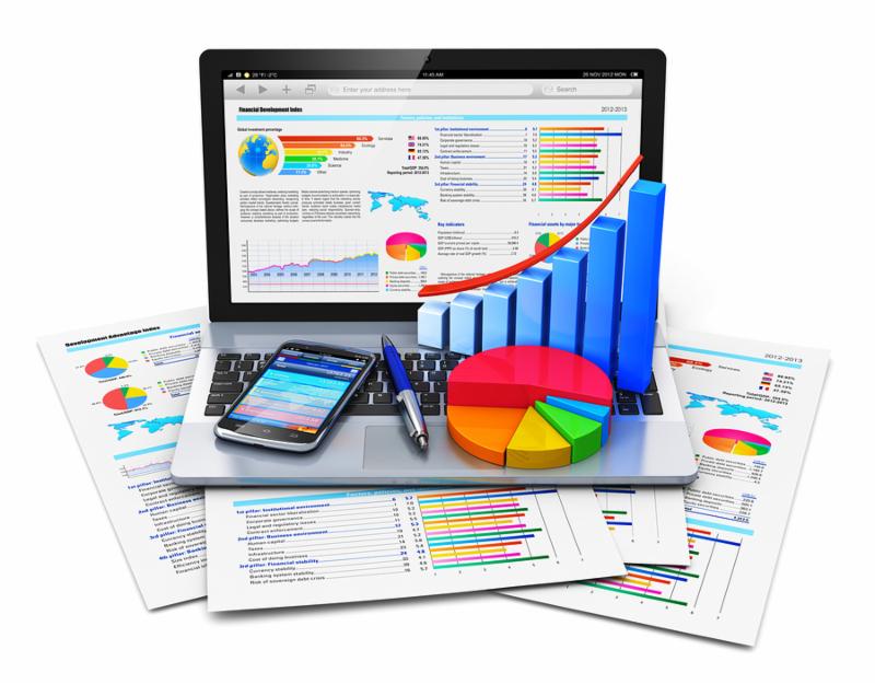 Mobile office work, stock exchange market trading, statistics accounting, development and banking business concept  laptop with stock market application, growth bar chart, pie diagram, pen and smartphone on financial reports isolated on white